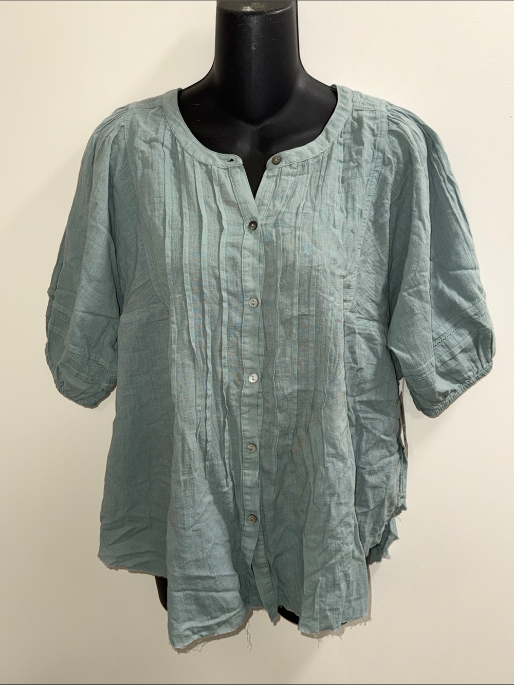 NWT Lucky Brand Light Teal Button-Front Pintuck Women’s Top